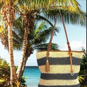 BRIGHTON Raffia Crochet Straw Striped Tote Shoulder Leather Trim Bag Cream Navy